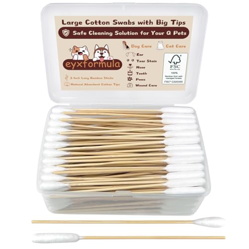eyxformula 6 Inch Long Cotton Swabs for Pet Cleaning, Bamboo Handle, Pet Ear Cleaning Solution Supplies for Dogs and Cats 100 pcs Large + 100 pcs Long Head