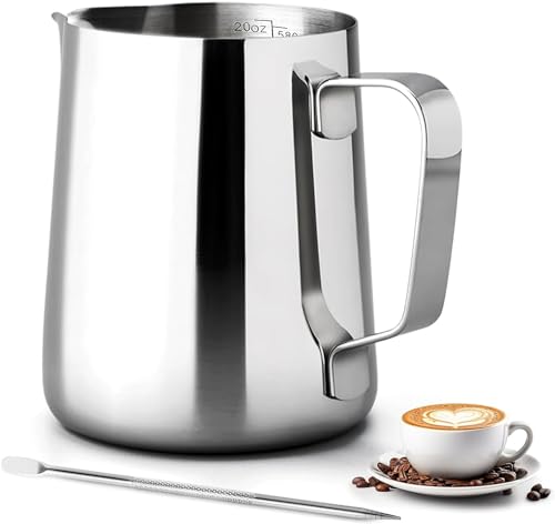 Jarra Para Espuma, 600ml Jarra Leche Barista, Jarra Leche Microondas Jarra Para Espuma Mano Acero Inoxidable con Lápiz...