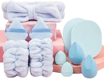 Kit skincare Face Makeup Tool com 11Pcs Kit de Maquiagem com Esponjas, CleanerTool, Headband, Beauty Tool (Azul)