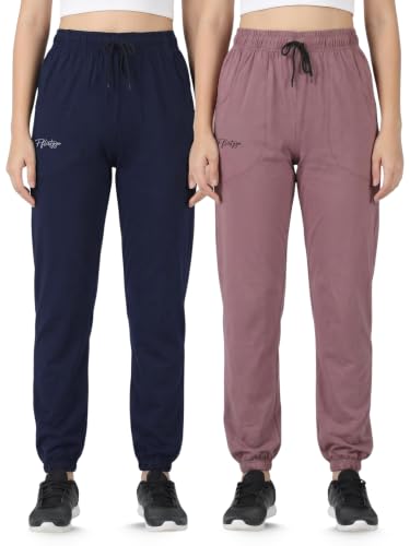 Image of Fflirtygo Cotton Solid Joggers /Track Pant /Solid Pajama /Leggings �100% Export Quality Soft Cotton Night Wear /Pocket Pyjama for Women Combo Pack of 2Pcs, Blue and Grey