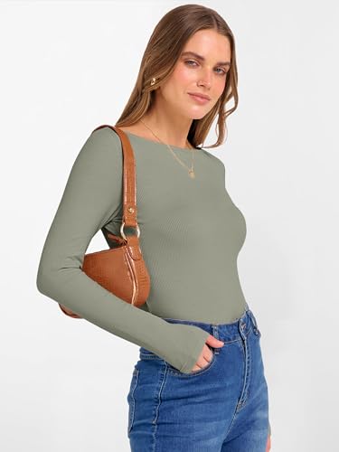 Image of ANRABESS Women's Boat Neck Long Sleeve Shirts Rib Knit Slim Fitting Tops Basic Tees 2026 Casual Comfy Fall Outfits Clothes