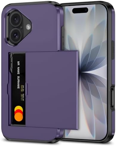 SAMONPOW for iPhone 17 Case with Card Holder iPhone 17 Wallet Case 6.3 inch Heavy Duty Protective Shockproof Dual Layer Hidden Card Slot Slim Cover for Women Men, Gray Purple