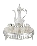 SEEK RARE Turkish Tea Set Vintage Coffee Pot with Shiny Crystal Tray and 6 Cups for Home Party Table Decor Silver White