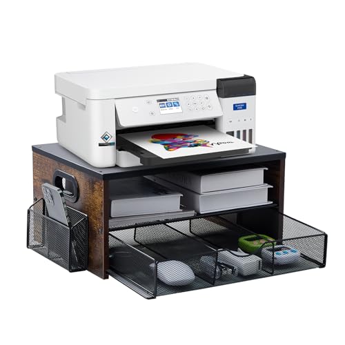 Xmoddes Printer Stand,Desktop Printer Stand with 2-Tier Storage Shelves for Home Office,Desk Organizer with Drawer and 2 Pen Holders for Fax Machine Scanner Files