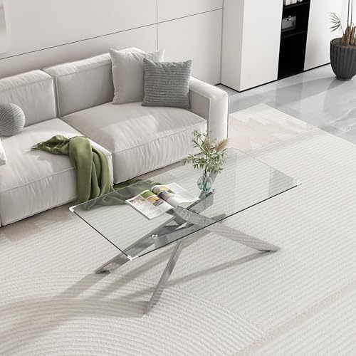 Rectangle Modern Coffee Glass Table, Coffee Center Table Tempered Glass Top and Silver Plated Metal Leg for Living Room Home Office, 47.24”Lx23.62”Wx18.1”H - Image 5