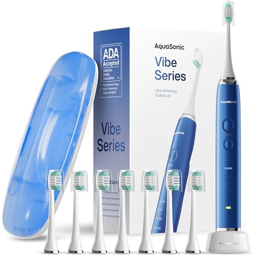 Image of Aquasonic Adult Vibe Series Ultra-Whitening Toothbrush A- Ada Accepted Electric Toothbrush-8 Brush Heads & Travel Case A- 40,000 Vpm Motor & Wireless Charging-4 Modes W Smart Timer A- Sapphire Blue
