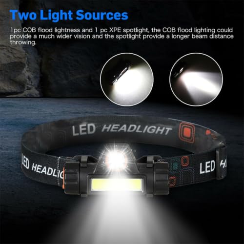 Linterna frontal LED recargable USB con doble foco y base ajustable para camping 4