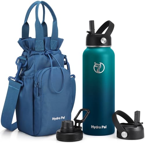 HydroPal Insulated Water Bottles 40 oz with 2 Leak Proof Lids & Water Bottle Holder, Wide Mouth Sport Water Bottle with Straw, Reusable Stainless Steel Water Flask, Double Walled Vacuum Thermos