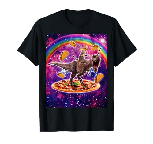 Space Cat Lover Riding Dinosaurio T rex Unicorn Pizza Taco Camiseta