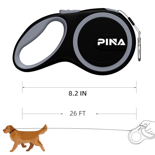 PINA Retractable Dog Leash, 26ft Dog Leash for Small Medium Large Dogs Up to 110lbs, 360° Tangle-Free Strong Reflective Nylon Tape, with Anti-Slip Handle, One-Handed Brake, Lock - Black Gray by Pina - Image 6