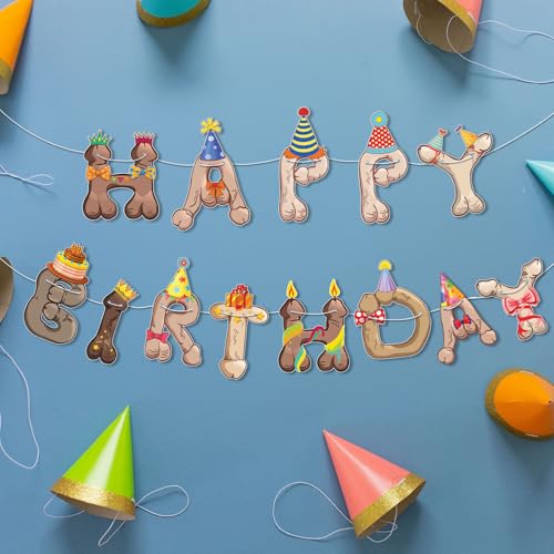 Image of Funny Penis Happy Birthday Banner Garland - Pre-Strung Naughty Adult Birthday Decoration, Hilarious Bachelorette Bachelor Party Decor, Gag Gift, Easy Hang, Reusable