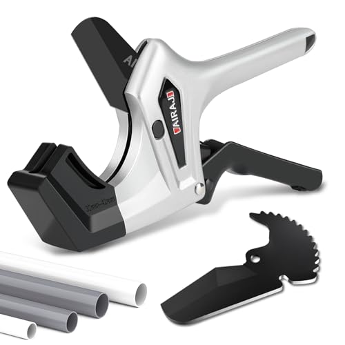 AIRAJ PVC Pipe Cutter,Ratcheting PVC Cutter to Cut 1-5/8inch -2inch PVC Pipe,PVC Cutter Tool with 1 More Replacement V Shaped SK5 Blade,Pipe Cutter for Plastic(PVC PP PEX PE Pipe) & Rubber Hose