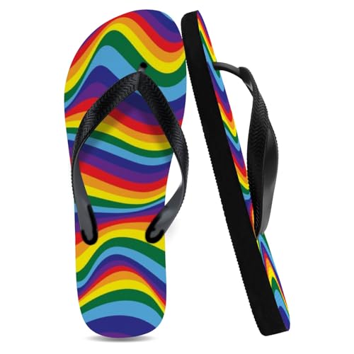 Chanclas unisex para adultos, cómodas, pantuflas de baño, suela suave, zapatos de ducha, regalos para papá, Olas coloridas del arco iris, X-Small