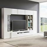 Mur équipé de séjour : ensemble de salon fixe avec base porte-TV, un meuble mural vertical et horizontal, étagères et bibliothèque assortie au mur. La structure est de couleur blanc brillant et avec détails de la bibliothèque de couleur ciment