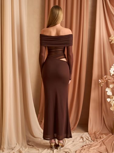 KUTUMAI Women Off Shoulder Long Sleeve Maxi Dress Cutout Mesh Ruched Bodycon Formal Wedding Guest Dresses3