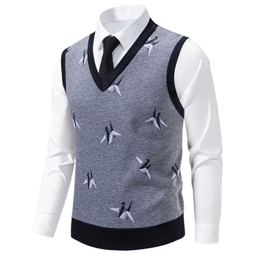 Cambkatl Men's Stylish Cranes Print Sweater Vest - Stretch Casual Sleeveless V-Neck Pullover Knitted Tank Tops4