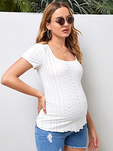 Soly Hux Women's Maternity Scoop Neck Ruffle Trim T Shirt Short Sleeve Hollow Out Casual Tee Tops Solid Plain White L #TOP4