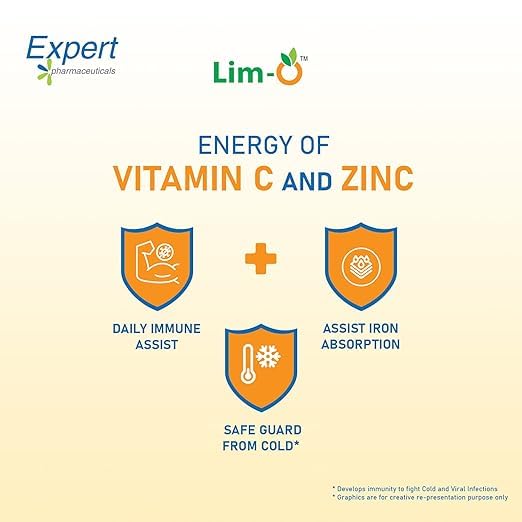 Lim-O Vitamin C(500mg) & Zinc, Chewable Tablets for Immunity Skin – Vegan Formula For Men Women, Orange Flavour (45 Tablets)