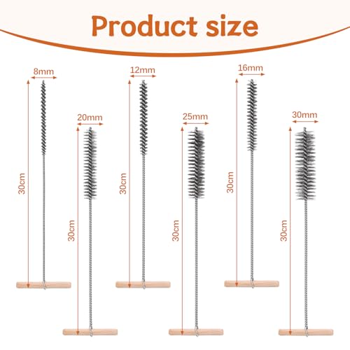 Zocipro 6 Stück Bohrlochbürste, Drahtbürste Rund 8mm/12mm/16mm/20mm/25mm/30mm für Reinigen von Bohrlöchern, Reinigungsbürste Edelstahl mit Holzgriff für Schlagbohrmaschinen