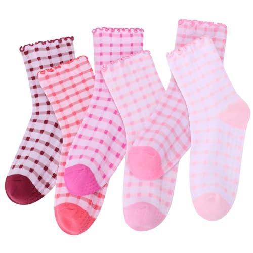 Image of 6 Pairs Women Ruffle Striped Frilly Socks, Cute Checkered Ankle Sock for Women Cotton Knit Casual Crew Socks
