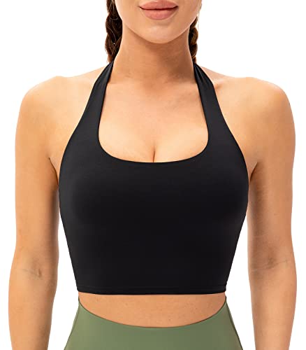Lavento Women's Halter Sports Bra Longline Padded Yoga Crop Bras Top (Black - Pleated Back, 4) - Image 3
