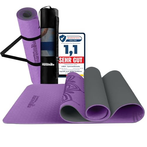 LA MENTE ES MARAVILLOSA - Gymnastikmatte, Rutschfest Yogamatte inkl. Tragegurt + Tasche + Übungs-E-Book, Gepolstert, Hautfreundliches TPE für Fitness/Pilates/Workout 183x61 cm (Mandala, Lila/Schwarz)