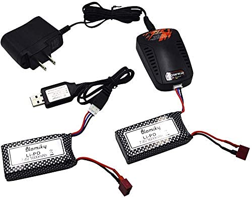 Blomiky 2 Pack 11.84Wh 7.4V 1600Mah 45C T Connector Plug Li-Po Battery And Charger For 9125 1/10 Scale 48Kmh 4X4 Fast Rc Truck Cars 25-Dj02 9125 Battery 2 #TOP6