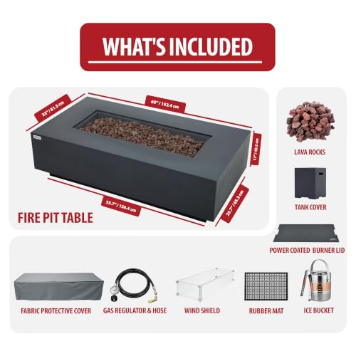 Image of AMS Creations | Madison 60 inch Bundle Rectangular Propane Gas Outdoor Fire Pit Table | Dark Gray Concrete GFRC | Smooth Texture or Surface | Electronic Ignition | Outside Backyard Fireplace