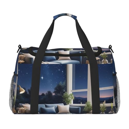 Navy Blue Sky and Stars Print Travel Duffle Bag - Foldable Personal Item Travel Bag for Women & Men,Carry-On Convertible Crossbody Tote Bags with Adjustable Shoulder Strap & Pockets 13x10.2x19.7 in