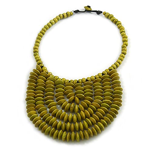 Collier plastron en perles de bois vert olive, création artisanale Avalaya de 44 cm