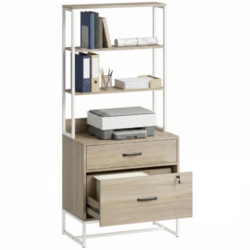 Homcom Cajonera Escritorio Con Estantería, Mueble Archivador Con 2 Cajones, Encimera Para Impresora, Cerradura, Para A4 Letter Legal, Para Oficina, Estudio, Roble