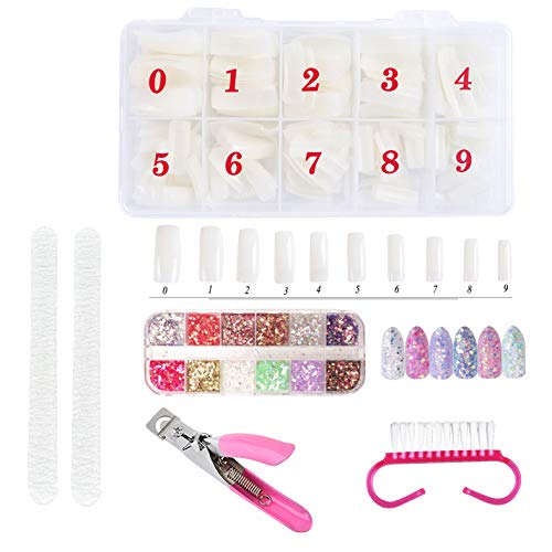 JOERRES Fake Nails,500 PCS Full Cover False Nails Oval Acrylic Nail Tips With False Nail Clipper, Nail Art Brushand, Nail file,Color Rhinestones for Nails, for Women Girls (10 Sizes). (natural color)