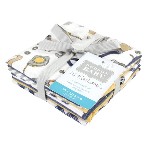 Image of Hudson Baby Unisex Baby Flannel Cotton Poly Washcloths, Construction Work 10Pk, One Size