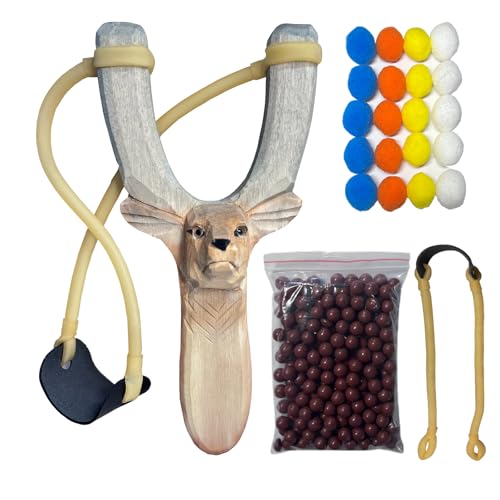LINJAY Wooden Slingshot with Personalized Carvings, Clay Balls & Pompoms, for Indoor/Outdoor Games, Hunting, Suitable for Adults & Kids