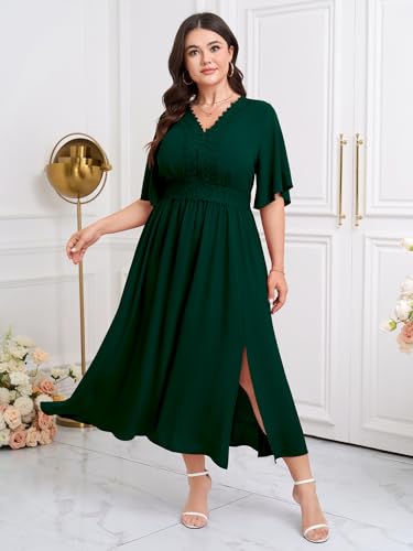 Image of SCOMCHIC Womens Plus Size Summer Maxi Dress Short Sleeve V-Neck Lace Boho A-Line Slit Flowy Wedding Guest Cocktail Dresses