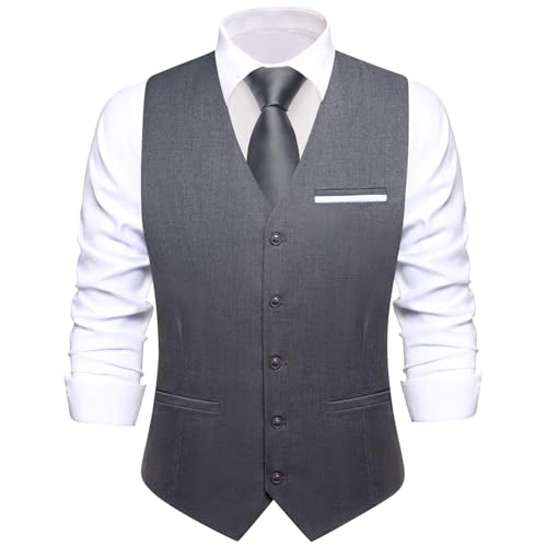 Image of Hi-Tie Men's Formal Suit Vest Solid Fit Vest for Men 3 Pockets V Neck Waistcoat Business Wedding Casual