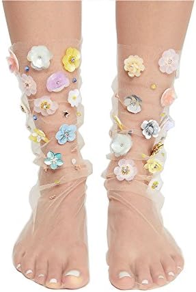 Signe Womens Fashion Transparent Mesh Socks Ankle High Floral Tulle Anklet Stockings