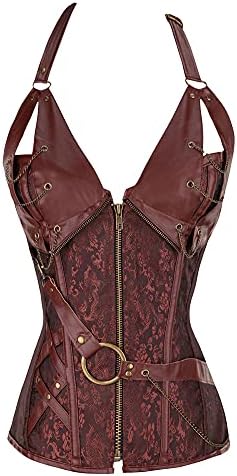 GSHappyGo Women's Retro Goth Steel Boned Brocade Vintage Steampunk Corset Bustier Brown L