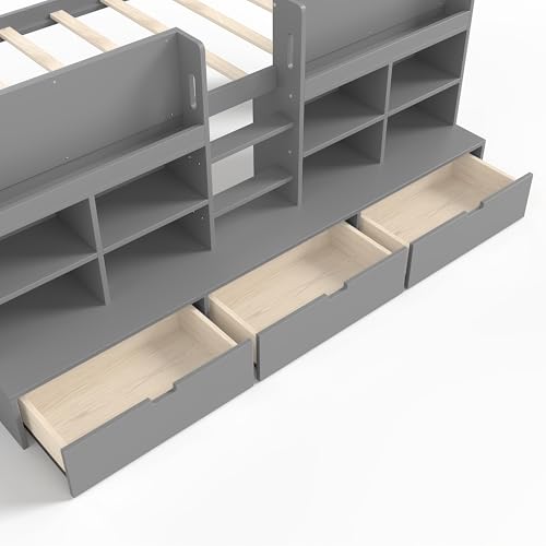 Image of Twin XL Size Low Loft Bed for Kids with Storage Shelves, Play Curtain & Chalkboard,Space-Saving Design,No Box Spring Needed (Gray-TX)