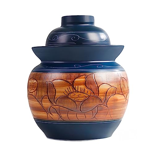 QPZK Vintage Fermentation Jar Traditional Chinese Porcelain Pickle Jar,Ceramics Fermenting Crock Kit with Water Seal Airlock Lid, Pickle Jar for Pickles Kimchi, Sauerkrau 1.5Kg