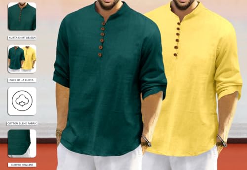 Image of ROYALSCOUT Men's Cotton Polyester Blend Solid Regular Fit Full Sleeve Short Kurta | Ethnic, Lightweight Summer Kurta for Daily & Occasion Use