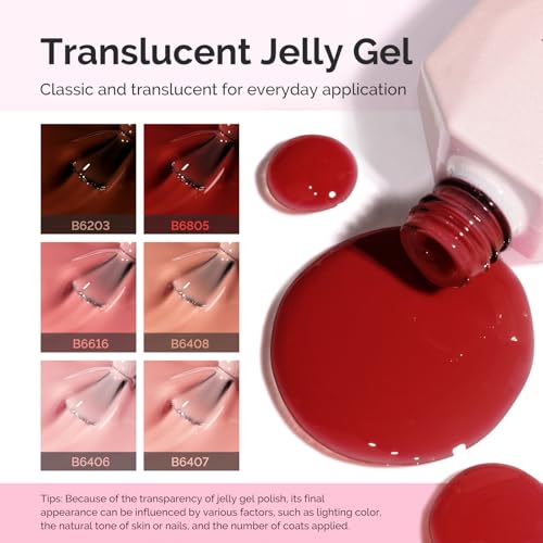 Image of MelodySusie Jelly Gel Nail Polish Set,6 Transparent Colors,Milky or Jelly Texture,Autumn and Winter Dark Colors Soak Off UV LED Light Cure or Salon Manicure and Nail Art DIY at Home