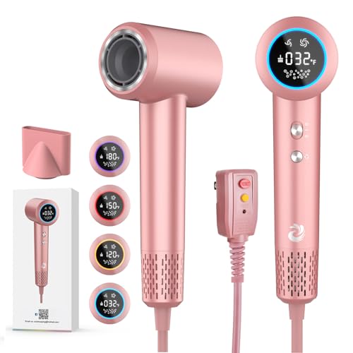 KARFUN Plasma Hair Dryer, 1500W High Speed Blow Dryer with Plasma Tech (Positive+Negative Ionic), LED Display, 5 Temps 2 Speed, Thermo-Control, Fast Drying Plasma Hairdryer for Home Travel (Rose Gold)