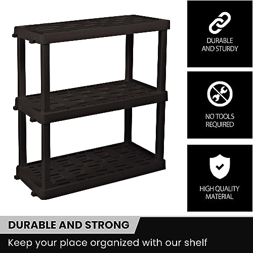 Oskar Heavy Duty Plastic Storage Shelves- for Garage, Kitchen, Bathroom Basement Kids Room, Stackable 3-Tier Black Organizer Rack for Books Shoes, Toys, Pantry, Cleaning and Closet Organization