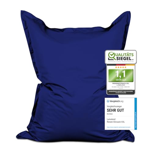 Lumaland Riesen-Sitzsack XXL 140x180 cm | Wasserfestes Indoor & Outdoor Liegekissen mit über 3 Mio. anpassungsfähigen EPS-Perlen | Bean Bag mit waschbarem Bezug [Navyblau]