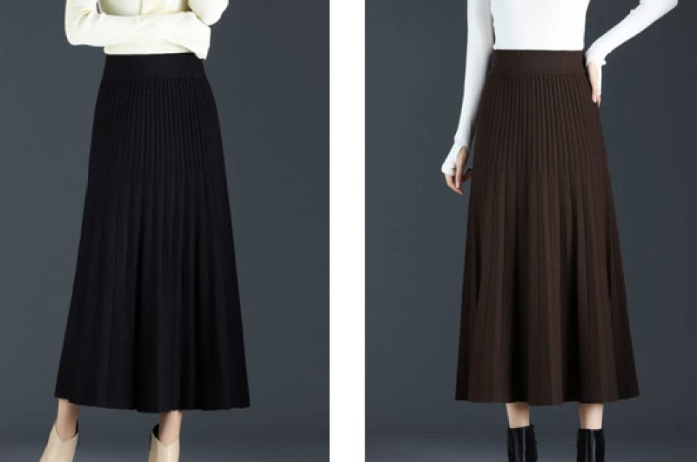 Röcke,Damen Midirock Braun Elastisch Hohe Taille Schlichtheit Faltenrock Herbst Winter Schlank A-Linie Swing Geraffte Elegante Lange Röcke Für Mädchen Damen,S