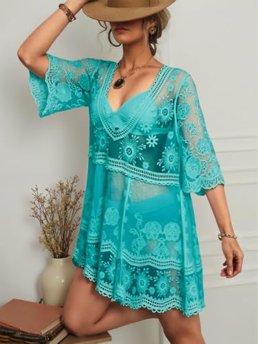 Image of Eomenie Women's Contrast Lace Bathing Suit Cover Up V-Neck Swimsuit Coverups Loose Swimwear Beach Dress Beachwear