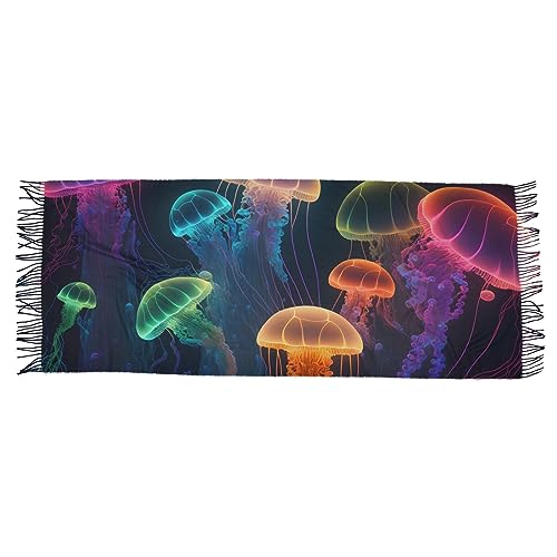Vnurnrn Cashmere Feel Scarf for Women, Soft Warm Single-sided Rainbow Jellyfishes Print, Fashion Pashminas Shawl Wrap Large Size with Tassels2