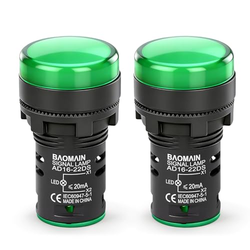 Image of BAOMAIN 22mm LED Industrial Indicator Light,110V AC Pilot Signal Lamp for Industrial Machinery Control Circuits,7 /8 inch Panel Mount, Screw Terminal,Green,2-Pack