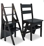 4 Tier Folding Step Ladder, 3-in-1 Wooden Folding Ladder Chair, Portable Multi-Function Step Stool, 198 lbs Capacity Indoor and Outdoor Display Rack Flower Rack,for Library,Home,Kitchen (Black)